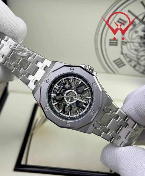 SKMEI M036 Automatic Skeleton Dial Luminous Stainless Steel Silver Color Watch For Men