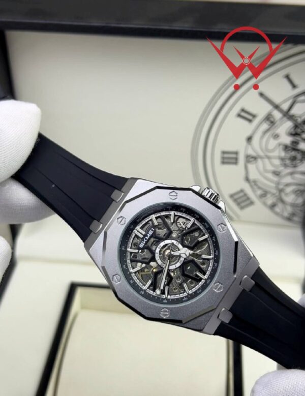 SKMEI M036 Automatic Skeleton Dial Luminous Silicon Strap Silver/Black Color Watch For Men