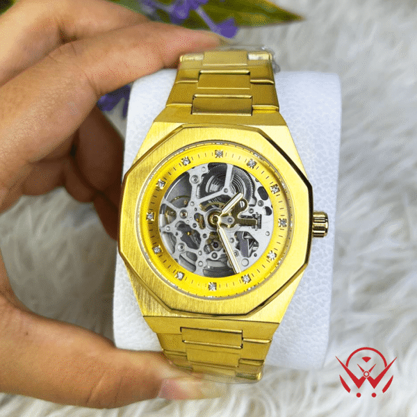 SKMEI M034 Golden Color Luxury Mechanical Creative Rhinestone Dial Automatic Luminous Stainless Steel Watch for Men